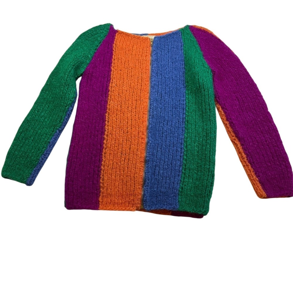 Hand Knit Italy Pantino Colorful Striped Wool Blend Zip Up Cardigan